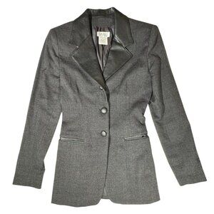 VTG Complice 90's Women's Blazer Leather Collar Black Wool Cashmere Blend